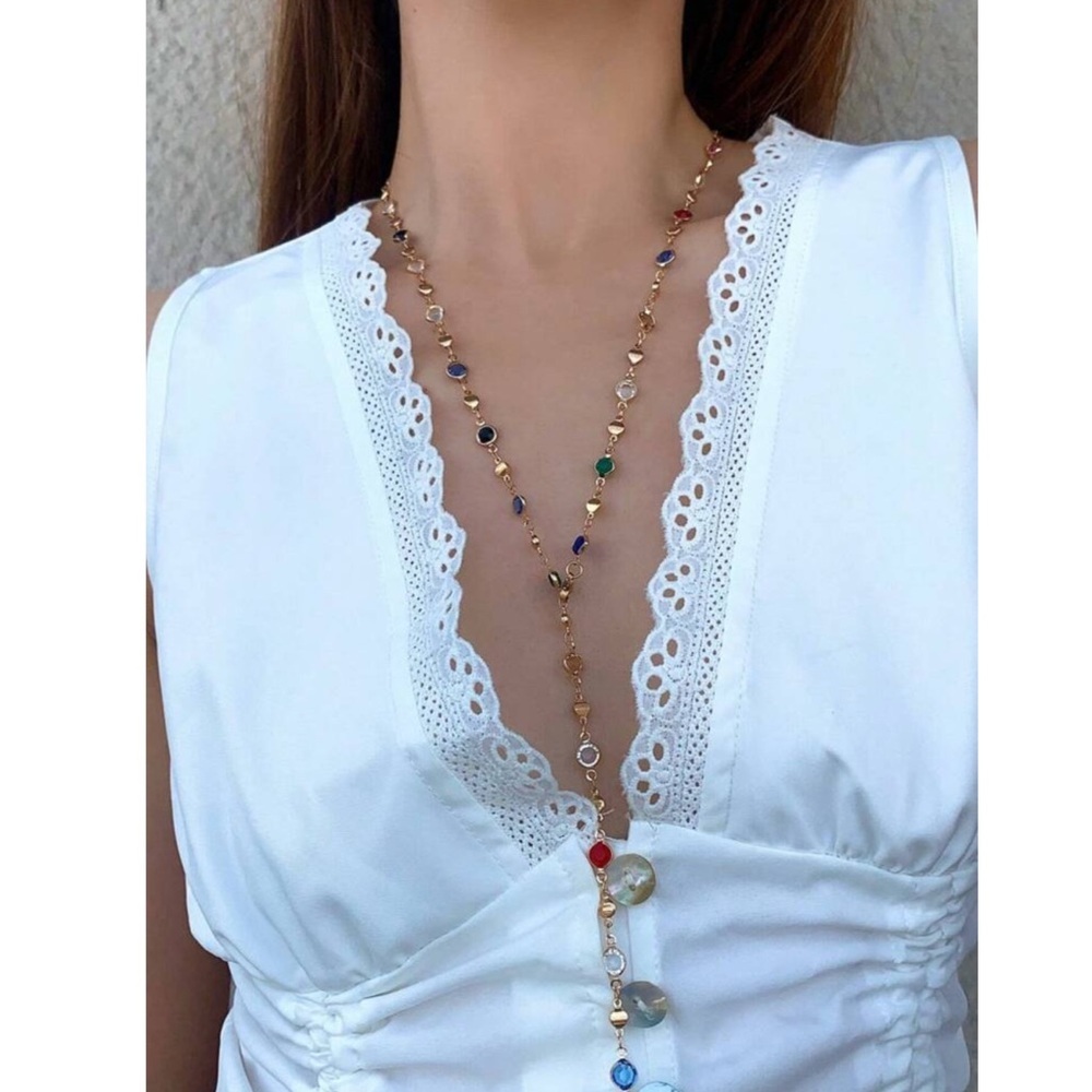Long Jeweled Stone Chic Necklace